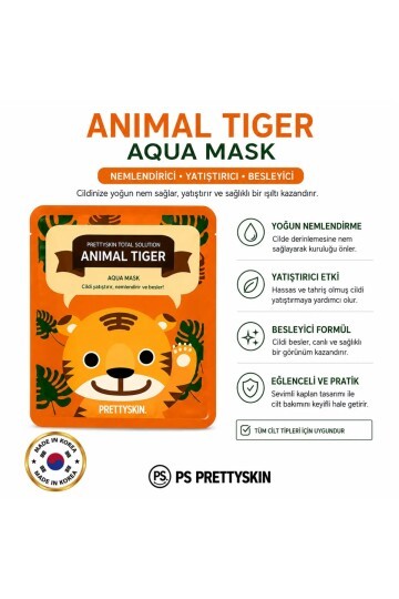 PS PRETTYSKIN Animal Tiger Aqua Mask 25gr | Nemlendirici Kaplan Desenli Kağıt Yüz Maskesi 4lü Set