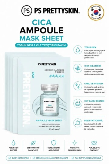 PS PRETTYSKIN Cica Ampoule Mask Sheet 23g | Cilt Yatıştırıcı Nemlendirici Kağıt Yüz Maskesi 5li Set