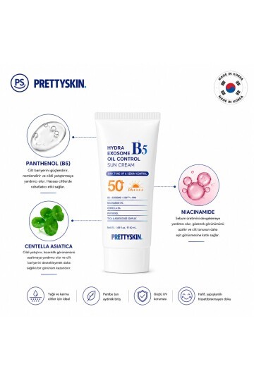 PS PRETTYSKIN Hydra Exosome B5 Oil Control Sun Cream SPF50+ PA++++ 50 ml | Karma Ciltler İçin Sebum Dengeleyici Güneş Kremi